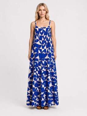 Abel The Label Tiered Maxi Dress sleeveless size small orange & blue print